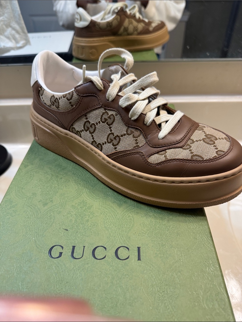 Gucci Brown and Beige GG Canvas Leather Low-Top Sneaker
